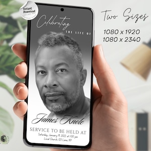 May include: A smartphone displays a black and white memorial graphic. The graphic features a portrait of a man, the text "Celebrating the Life of James Knole," and service details. The phone screen also shows "Two Sizes" and dimensions.