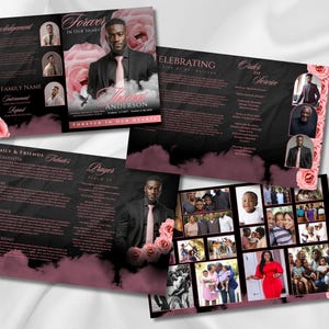 Puede incluir: Un programa conmemorativo con fondo negro y detalles en rosa. La portada presenta una foto de un hombre, el texto "Forever in Our Hearts" y el nombre "Anderson". En el interior hay fotos y texto.