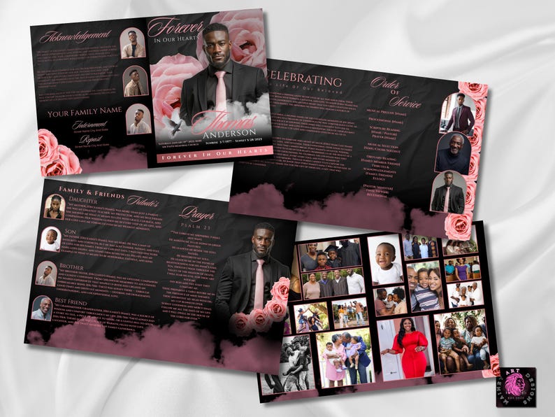 Puede incluir: Un programa conmemorativo con fondo negro y detalles en rosa. La portada presenta una foto de un hombre, el texto "Forever in Our Hearts" y el nombre "Anderson". En el interior hay fotos y texto.