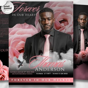 Puede incluir: Dise&ntilde;o de tarjeta conmemorativa con un retrato de un hombre con traje negro y corbata rosa, sobre un fondo de rosas rosas y nubes. El texto "Forever in Our Hearts" y el nombre "Thomas Anderson" se muestran de forma destacada. Incluye fechas y detalles del evento.