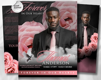 Black & Pink Roses Funeral Program Template: Editable 8-Page Memorial Canva PDF