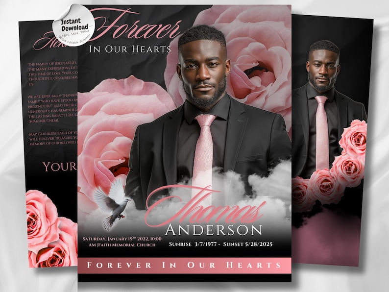 Puede incluir: Dise&ntilde;o de tarjeta conmemorativa con un retrato de un hombre con traje negro y corbata rosa, sobre un fondo de rosas rosas y nubes. El texto "Forever in Our Hearts" y el nombre "Thomas Anderson" se muestran de forma destacada. Incluye fechas y detalles del evento.