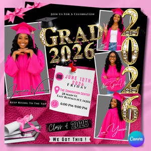 Invitación a la fiesta de graduación de la promoción de 2026, folleto editable en Canva (descarga instantánea)