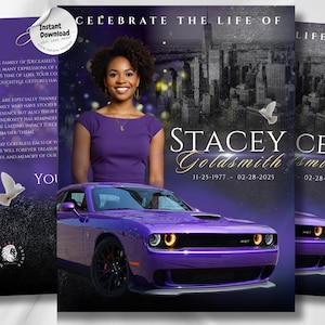 May include: A memorial card design featuring a smiling woman in a purple top, a purple sports car, and the text "CELEBRATE THE LIFE OF STACEY CEY GOLDSMITH SMITH". The design includes doves and a cityscape background.
