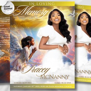 Può includere: Un annuncio commemorativo con le parole "In Loving Memory" e il nome "Tracey McNanny". Il design presenta una donna in abito bianco, un angelo e uno sfondo di tramonto. Include date e dettagli dell'evento.