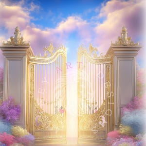 Puede incluir: Ilustración digital de puertas doradas ornamentadas que se abren a una luz brillante, sobre un fondo de cielo azul y nubes pastel. Las puertas están detalladas con diseños intrincados y flores coloridas bordean el camino.