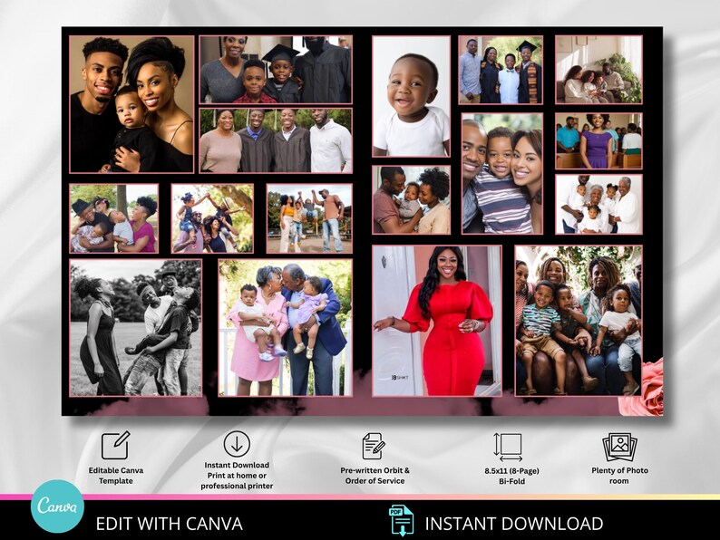 Puede incluir: Una plantilla de collage de fotos negra con fotos familiares. La plantilla incluye m&uacute;ltiples fotos familiares en varios tama&ntilde;os y orientaciones. La plantilla tambi&eacute;n incluye el texto "Editable Canva Template" y "Instant Download".