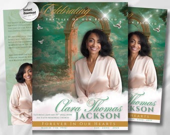 Green & Gold Funeral Program Template: Editable Memorial (Canva PDF)