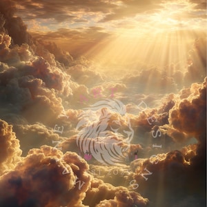 Puede incluir: Imagen de arte digital de una escena celestial con luz solar dorada que atraviesa nubes esponjosas y texturizadas. Las nubes son una mezcla de tonos marrones cálidos y blancos, creando una atmósfera dramática y etérea. La imagen tiene un logotipo en el centro.