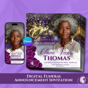 Puede incluir: Una invitación digital para funeral con el retrato de una persona de cabello gris, rosas moradas y luces bokeh doradas. El texto dice Celebrating and Beloved, Clara Vickie Thomas, April 28 19XX - January 16 20XX, Saturday, January 19, 2022, 10:00 A.M., Faith Memorial Church, Buffalo NY.