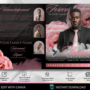 Puede incluir: Tarjeta conmemorativa plegable en dos partes, en negro y rosa, con un retrato de un hombre, rosas rosas y el texto "Forever in Our Hearts". Plantilla Canva editable, descarga instant&aacute;nea.