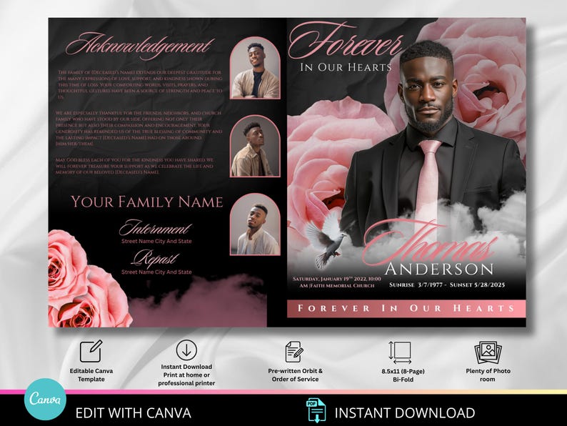 Puede incluir: Tarjeta conmemorativa plegable en dos partes, en negro y rosa, con un retrato de un hombre, rosas rosas y el texto "Forever in Our Hearts". Plantilla Canva editable, descarga instant&aacute;nea.