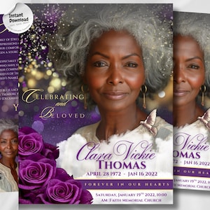 Royal Purple Rose Funeral Program Template: Editable 8-Page Memorial (Canva PDF)