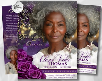 Plantilla de programa funerario Royal Purple Rose: Memorial editable de 8 páginas (Canva PDF)