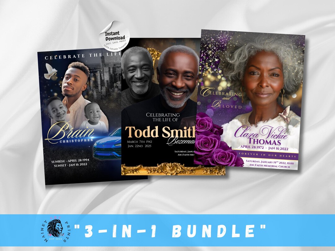 Memorial Design Pattern Set of 3 Editable Memorial Designs (canva PDF) - Purple Rose, Classic ...