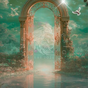 Puede incluir: Obra de arte digital que representa un arco dorado con diseños ornamentados, situado frente a un lago tranquilo y un cielo nublado. Se ve una paloma en vuelo, y el texto "EST 2025" es visible.