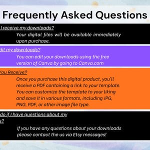 Puede incluir: Una hoja de preguntas frecuentes para un producto digital, titulada "Frequently Asked Questions". Responde a preguntas sobre descargas, como edici&oacute;n, recepci&oacute;n y soporte. El fondo tiene un efecto de acuarela.