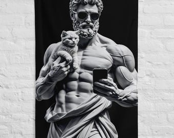Statue Zeus Drapeau Noir – Art Mural Puissant, Décoration Murale Esthétique, Bannière Mythologie Grecque