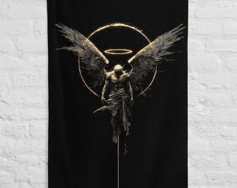 Drapeau Ange Noir & Or – Décoration Murale Puissance Divine – Art Spirituel Moderne – Wall Art Mystique Mindset