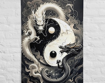 Drapeau Dragons Yin Yang – Décoration Murale Équilibre & Puissance – Art Asiatique Mystique – Wall Art Spirituel Noir Blanc