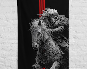 Bandeira do Rei Viking a Cavalo – Arte de Parede de Guerreiro Nórdico – Arte em Vermelho Escuro e Preto – Arte de Parede de Liderança Poderosa