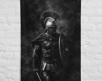 Drapeau Guerrier Spartiate Noir – Décoration Murale Discipline & Courage – Art Antique Moderne – Wall Art Mindset Stoïque