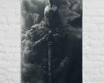 Drapeau Chevalier Médiéval – Tapisserie Murale Armure & Épée | Décoration Murale Gothique Moderne | Art Dark Fantasy