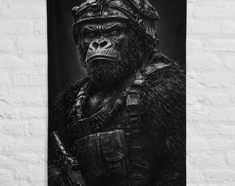 Drapeau Gorille Guerrier Noir – Décoration Murale Puissance & Discipline – Art Animal Tactique – Wall Art Mindset Masculin