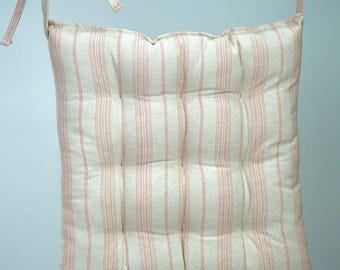 Rustic Floral Linen Cotton Chair Cushion with Ties, Farmhouse Style Seat Pad, Custom Size
