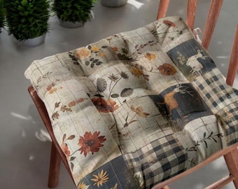 Rustic Chair Pad, Woodland Deer and Floral Farmhouse Seat Cushion, Custom Size