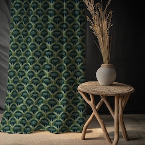 Cotton Linen Floral Curtain Panel, Green Botanical Drapes, Retro Flower Print Window Treatment, Mid Century Modern Curtain, Custom Size