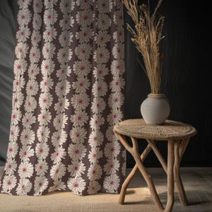 Floral Daisy Cotton Linen Curtain – Vintage Botanical Window Panel, Custom Drapes with  Flowers, Boho Home Decor, Custom Size