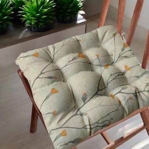 Branch Print Linen Chair Pad, Minimal Botanical Seat Cushion, Modern Nature-Inspired Chair Pillow, Tufted Cotton Linen Pad with Ties
