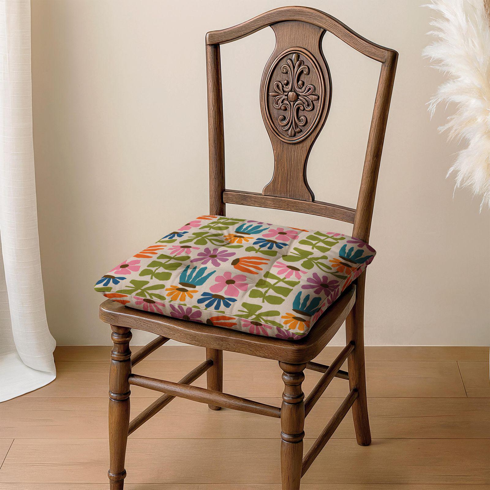 Colorful Retro Floral Linen Seat Cushion, Mid Century Flower Chair