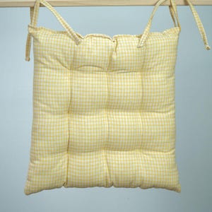 Yellow Gingham Cotton Seat Cushion, 100% Cotton Tied Chair Pad, Farmhouse Kitchen Chair Pillow, Cottagecore Dining Seat Cushion