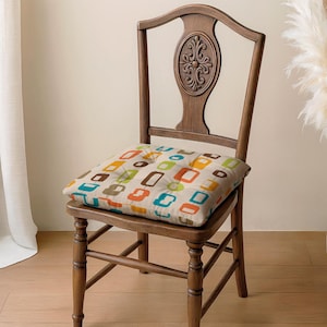 Retro Geometric Linen Chair Cushion, Mid Century Modern Seat Pad, Colorful Abstract Pillow, Mod Linen Seat Cushion