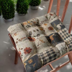 Rustic Woodland Linen Chair Pad, Farmhouse Seat Cushion with Deer and Florals, Country Cottage Style Chair Pillow, Neutral Botanical Decor