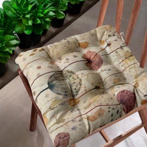 Linen Chair Pad with Botanical Print, Natural Seat Cushion for Dining Chairs, Rustic Floral Chair Pillow, Tufted Pad with Ties, Custom Size