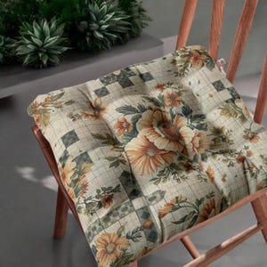 Vintage Floral Linen Chair Pad, Rustic Seat Cushion with Grid and Flowers, Farmhouse Botanical Chair Pillow, Cottagecore Dining Decor