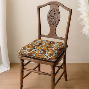 Retro Poppy Flower Linen Seat Cushion, Orange Brown Floral Chair Pad, Vintage Botanical Cushion, Boho Dining Chair Pillow