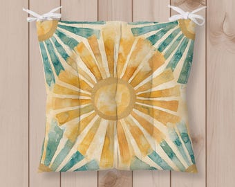 Zonnebloemmotief zitkussen, boho stoelkussen, geometrisch keukenkussen, hemels eetkamerstoelkussen, turquoise gouden retro woondecoratie