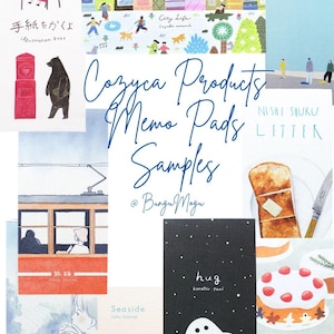 May include: A collage of illustrated memo pads with various designs. The pads feature images of cityscapes, food, animals, and text. The text includes "Cozyca Products Memo Pads Samples" and other Japanese text.