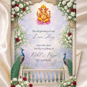 May include: A wedding invitation card featuring an illustration of Lord Ganesha, two peacocks on a stone balcony, and white and red roses. The text reads: The Beginning of our Love Story, Save the date for the wedding of Rohit & Priya, 14th April 2026.