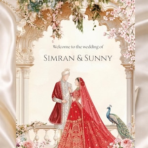 May include: A wedding invitation card featuring an illustration of a couple in traditional attire standing under an archway with floral accents and a peacock. The text reads: Welcome to the wedding of SIMRAN & SUNNY. The design includes soft pink and red tones.