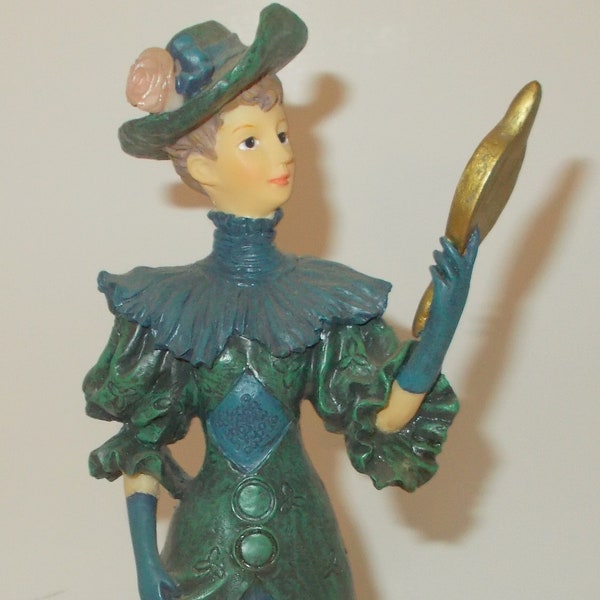 Vintage Victorian Lady Figurine Blue Dress Holding Mirror 8.5" Resin