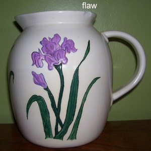 Vintage 1983 Ceramic Pitcher Purple Iris Flower Green Stems on Cream Base Handmade