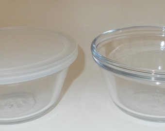 2 Vintage Anchor Hocking Ramekin Custard Bowls Cups (1 w/Plastic Lid)