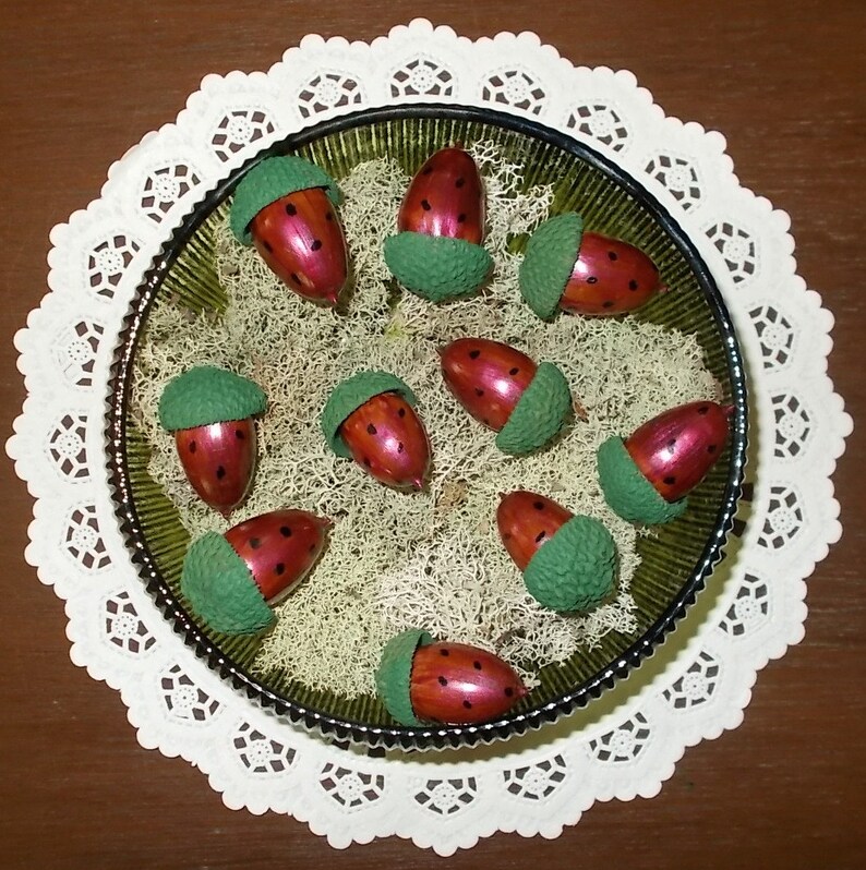 10 Decorative Acorn Bowl Fillers Strawberries In Green Glass Etsy