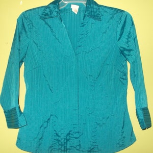 Vintage Covington Pintuck Blouse Ladies Medium Teal Blue LS