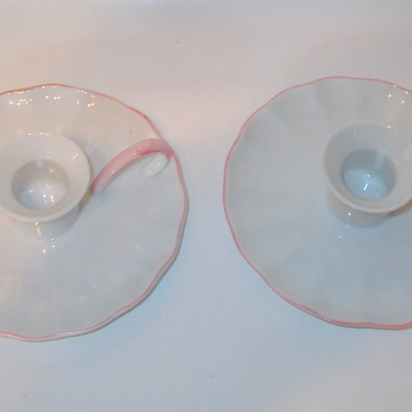 2 Wee Willie Winkie Style Saucer Candle Holders Chambersticks White & Pink